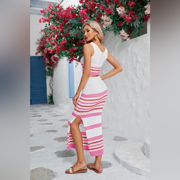 Striped Openwork Cropped Tank and Split Skirt Set - Picture 15 of 16